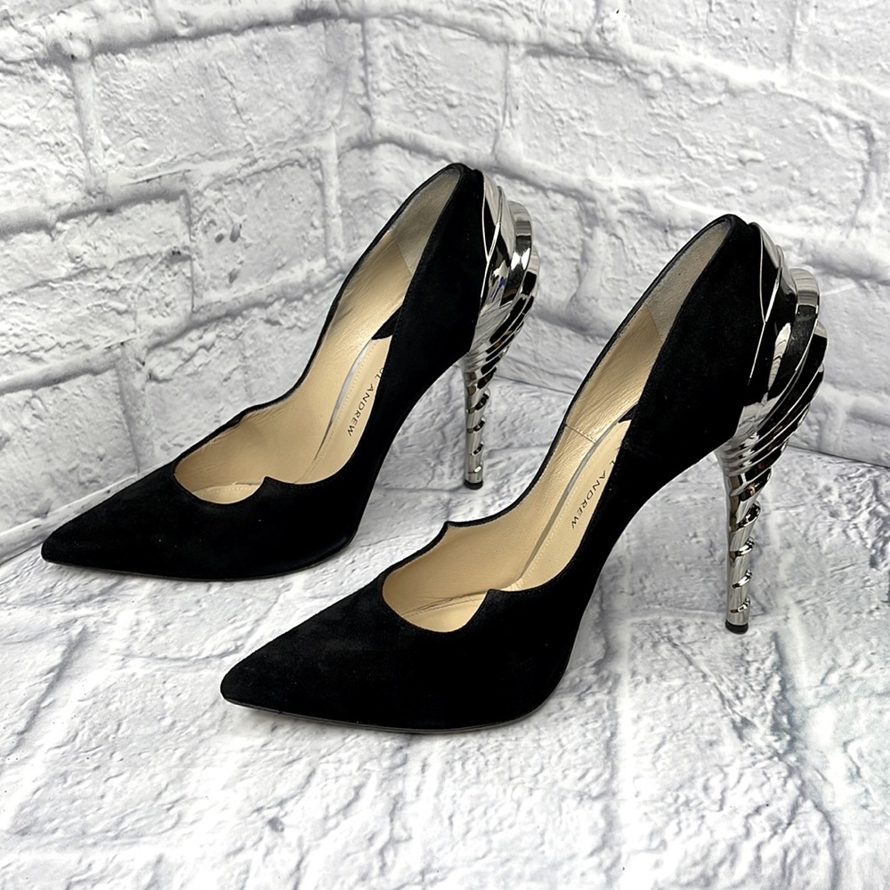 PAUL ANDREW ZENADIA BLACK SUEDE & SILVER METALLIC POINTED TOE HIGH HEELS EU 38.5